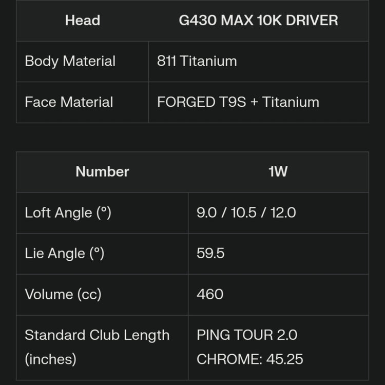 PING G430 MAX 10K Driver PING TOUR 2.0 CHROME Shaft 2024