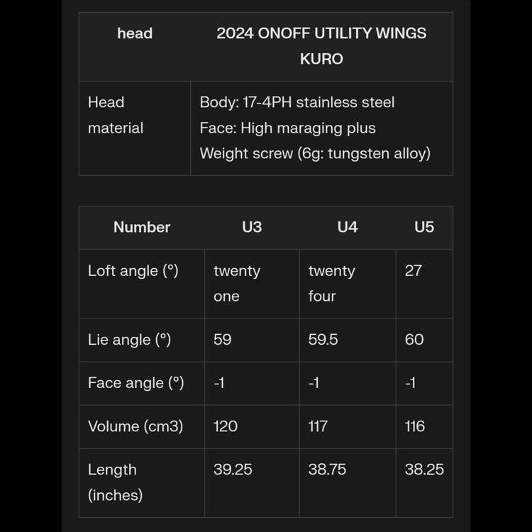 ONOFF KURO UTILITY WINGS Black Utility CBT:624I Carbon Schaft 2024